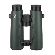 Dark green Swarovski EL 10x42 binoculars with black eyecups and central focusing wheel.