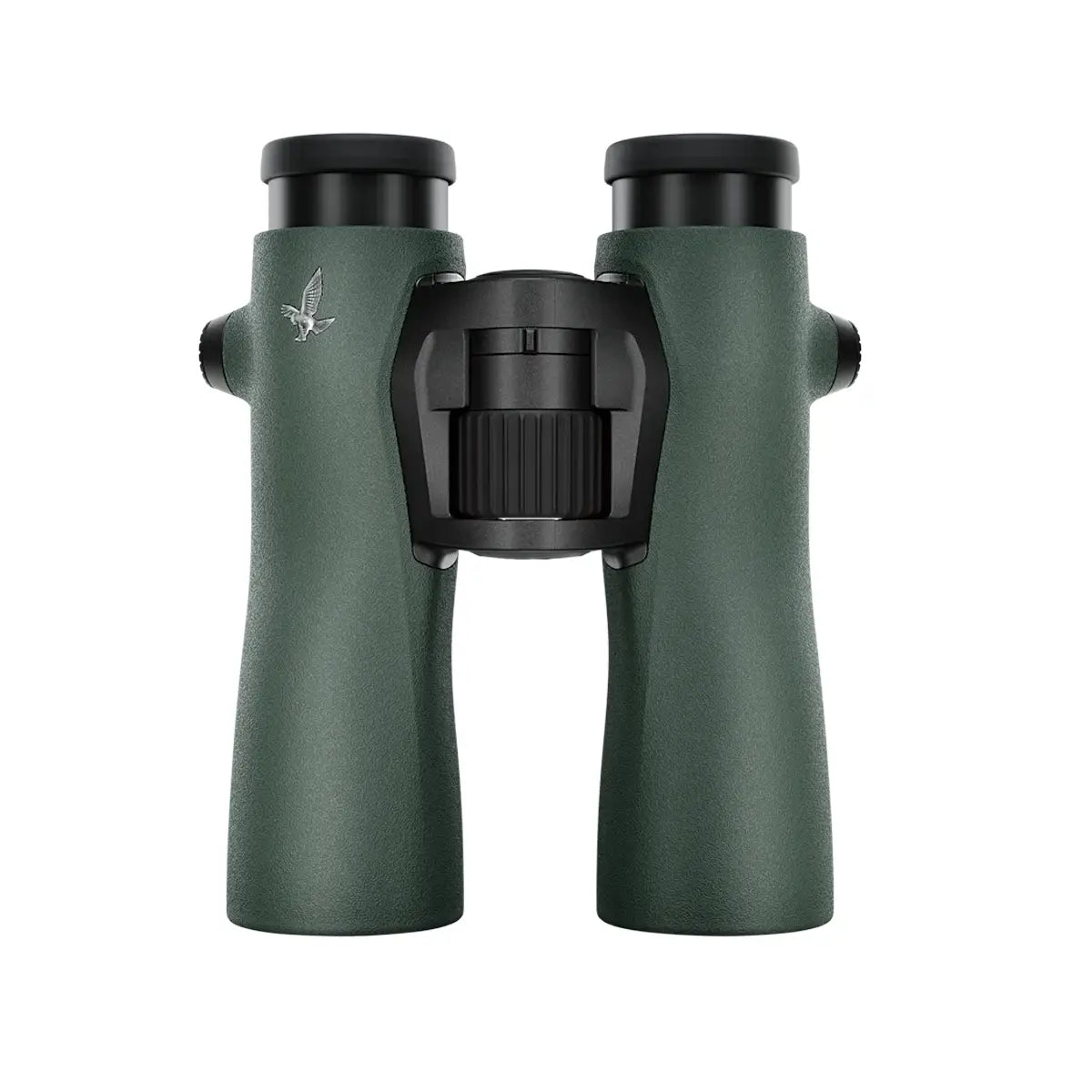 Dark green Swarovski NL Pure 10x42 binoculars with black eyepieces and central focus wheel.