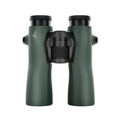 Dark green Swarovski NL Pure 10x42 binoculars with black eyepieces and central focus wheel.